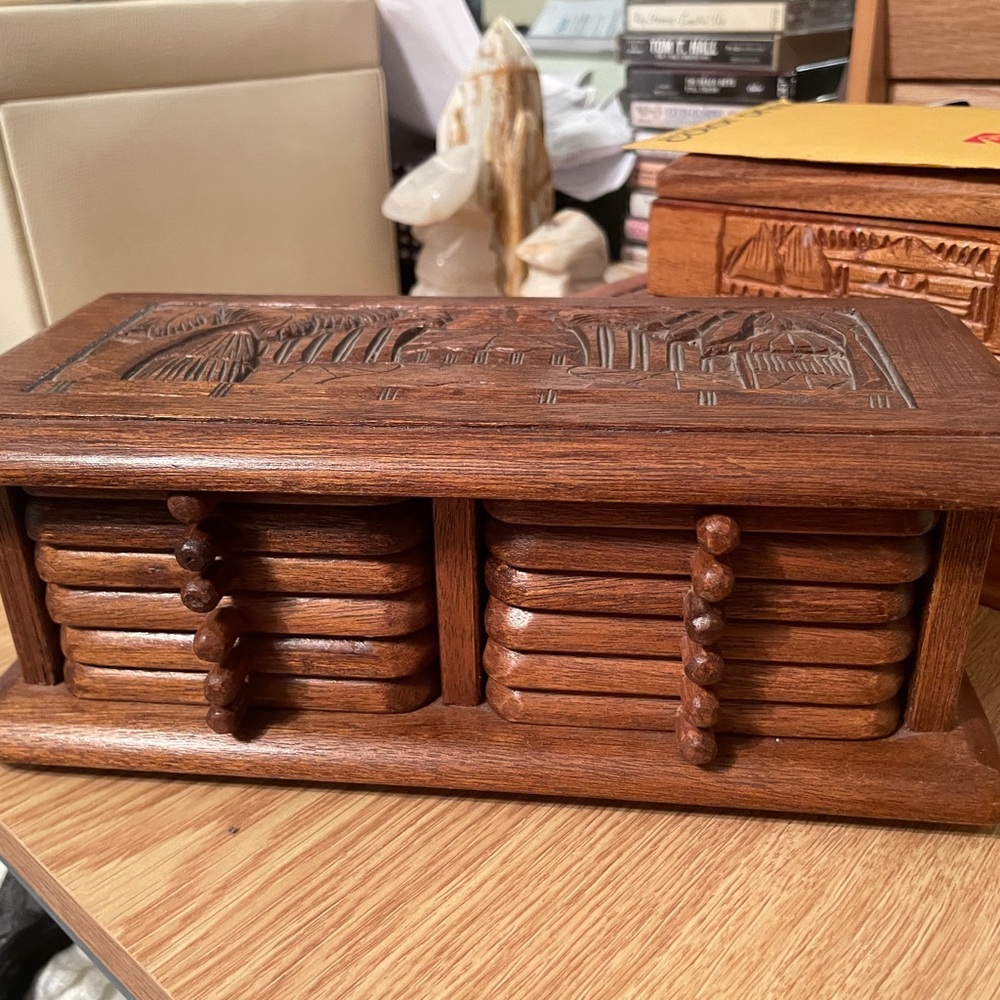 Vintage 70s carved wood coaster set